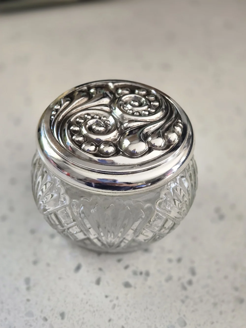 Vintage Avon Vanity Jar Glass With Embossed Patterned Silver-tone Lid